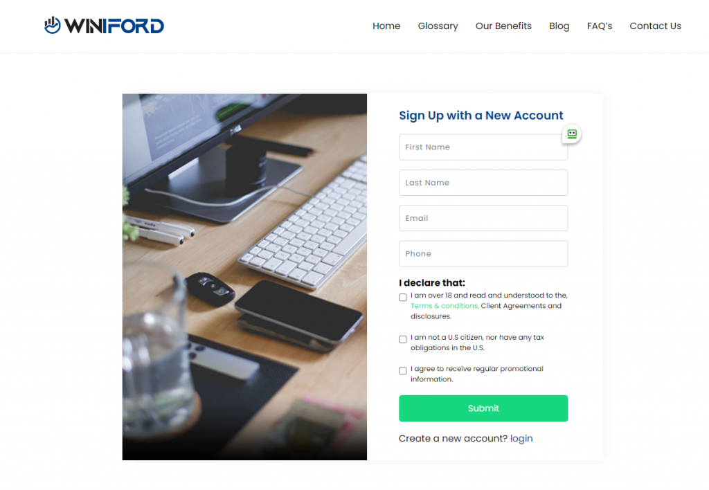 sign up for an account with Winiford